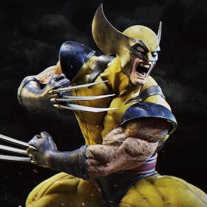 May include: A dynamic action figure of Wolverine, a superhero, in a yellow and black costume. The figure is in a battle pose, with claws extended and a fierce expression. The figure has detailed musculature and a mask with large, pointed ears.