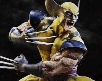 Może przedstawiać: Szczegółowa figurka akcji Wolverine'a, superbohatera, w żółto-czarnym kostiumie. Figurka jest w pozycji bojowej, z wysuniętymi pazurami i dzikim wyrazem twarzy. Figurka ma szczegółową muskulaturę i maskę.