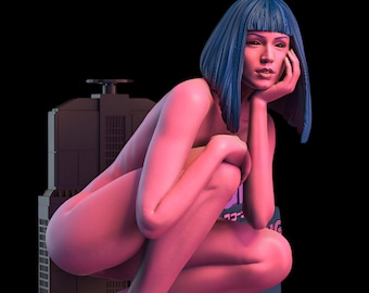 May include: A digital art piece featuring a woman with blue hair, posed in a squatting position. The figure is illuminated with pink lighting, set against a dark background. A futuristic building and neon sign are also visible.