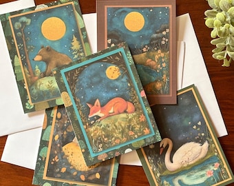 Forest Animals in the Moonlight Note Card Set of 5 with Envelopes