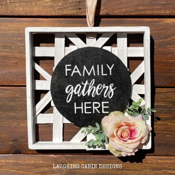 Family Gathers Here Black And White Lattice Wood Farmhouse White Lattice Wood Farmhouse, White Round Lattice Wood Wall Decor