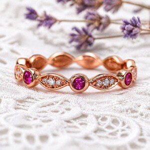 Ruby & Diamond Wedding Ring, 14k Gold Band, Ruby Eternity Diamond Band, Stacking Matching Band, July Birthstone Ring, Anniversary Gift Ring