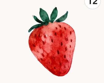 12 Watercolor Strawberry PNG Clipart | Printable Digital Download for Scrapbooking and Cards