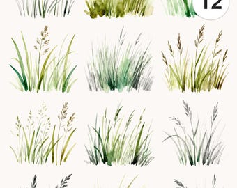 12 Watercolor Meadow Grass Clipart Set | Printable PNG & JPG | Commercial Use Digital Download