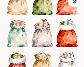 9 Christmas Sacks Clipart Set | Watercolor PNG & JPG | Printable Commercial Use