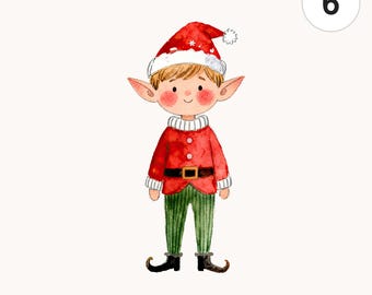 6 Christmas Elves Watercolor PNG Clipart | Printable Digital Download for Cards and Scrapbooking