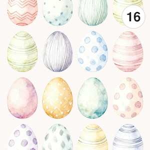 Puede incluir: Diseños de huevos de Pascua en acuarela en colores pastel. Cada huevo presenta patrones únicos, incluyendo rayas, puntos y zigzags. La imagen incluye el texto "Commercial license", "Printable", "JPG" y "PNG".