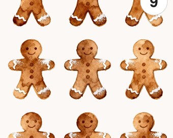 9 Weihnachtslebkuchenmänner Clipart-Set | Aquarell PNG & JPG | Druckbare kommerzielle Nutzung