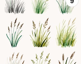 9 Watercolor Meadow Grass Clipart Bundle Set | Watercolor PNG & JPG | Printable Commercial Use