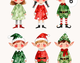 6 Christmas Elves Clipart Set | Watercolor PNG & JPG | Printable Commercial Use