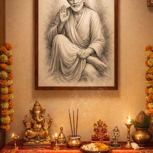 Puede incluir: Un boceto a lápiz enmarcado de una figura espiritual cuelga sobre una mesa con objetos religiosos. La mesa está cubierta con un paño rojo y exhibe estatuas doradas, incienso, velas y un plato de flores. Guirnaldas de caléndulas naranjas y amarillas adornan las paredes.