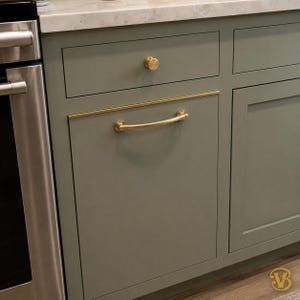 May include: Sage green kitchen cabinetry featuring a flat-panel drawer with a round brass knob and a cabinet door with a curved brass handle. A thin horizontal brass trim strip is positioned above the cabinet door, adjacent to a stainless steel oven.