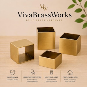 May include: Four square-shaped solid brass furniture feet or risers in varying heights. The text VivaBrassWorks SOLID BRASS HARDWARE appears at the top, with icons and text below indicating solid brass, furniture protection, and multiple sizes.