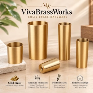May include: Four cylindrical solid brass furniture legs in varying heights with a brushed gold finish. The text VivaBrassWorks Solid Brass Hardware is displayed at the top. Icons and text at the bottom indicate solid brass, furniture protection, multiple sizes, and timeless design.