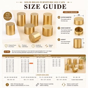 May include: A collection of cylindrical solid brass furniture leg caps shown in a size guide infographic. The image displays multiple gold-toned metal caps, diagrams explaining outer diameter, inner diameter, and height, and a detailed table of available sizes in millimeters with a 1.5 mm wall thickness specification.