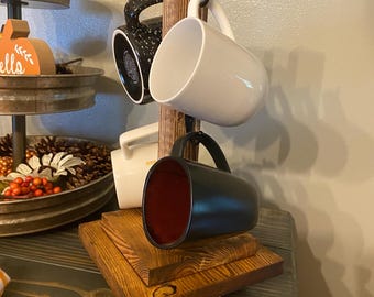 Rustic Rotating Wooden Mug Tree | Farmhouse Coffee Bar Organizer