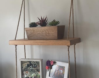 Rustic Floating Rope Shelf – 2-Tier Hanging Wood Wall Bookshelf