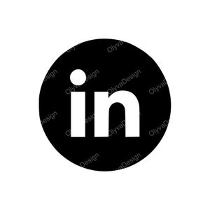 May include: A black circle with the white letters "in" inside, and a white dot above the "i". The logo is for the social media platform LinkedIn. The words "OlyvaDesign" are written around the edge of the circle.