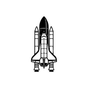 May include: A monochrome illustration of a space shuttle, depicted with a central body, side boosters, and engine nozzles. This graphic design is suitable for various space-related merchandise and projects.