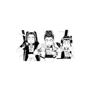 Peut inclure: Illustration en noir et blanc de trois personnes mangeant des nouilles. Chaque personne tient un récipient de nouilles et des baguettes. Les récipients sont étiquetés "MIRA", "RUMI" et "ZOEY". Les personnes portent des tenues différentes.