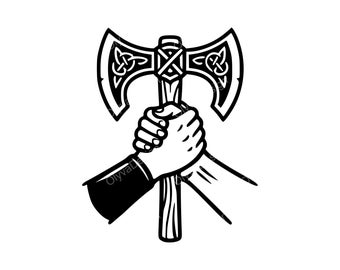 May include: Black and white illustration of two hands gripping an axe. The axe head features Celtic knot designs. The handle is wooden, and the hands are detailed with visible fingers and a sleeve.
