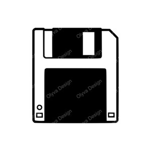 Peut inclure: Graphique noir et blanc d'une disquette de 3,5 pouces. Le design présente une forme rectangulaire avec un obturateur coulissant et une encoche de protection en écriture. Le texte "Olyva Design" est répété autour du disque.