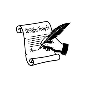 Puede incluir: Ilustración en blanco y negro de una mano escribiendo en un pergamino con una pluma. El pergamino dice "We the People" en letras ornamentadas. La imagen es un diseño gráfico.
