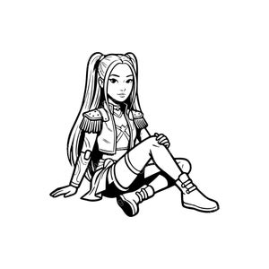 Peut inclure: Illustration en noir et blanc d'une personne aux longs cheveux en couettes, vêtue d'une veste de style militaire avec épaulettes, d'une jupe et de bottes. La personne est assise, une jambe pliée et l'autre tendue.