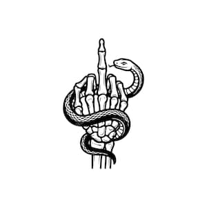 May include: Black and white illustration of a skeletal hand giving the middle finger, with a snake coiled around it. The snake's head is near the hand's index finger.