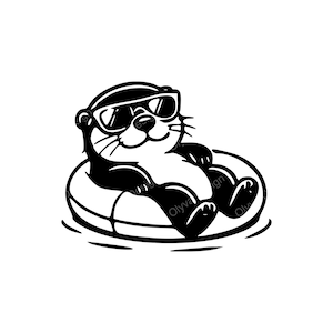 Peut inclure: Illustration en noir et blanc d'une loutre portant des lunettes de soleil, se relaxant dans une bouée. La loutre sourit et semble flotter dans l'eau. L'image a un style simple et cartoon.