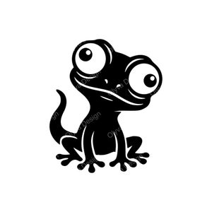 May include: A black and white cartoon illustration of a gecko with large, expressive eyes. The gecko is depicted in a sitting position with its tail curled. The design is simple and stylized, suitable for various applications.