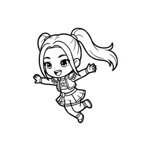May include: A monochrome cartoon illustration of a girl with long hair in pigtails, wearing a jacket and skirt, with arms outstretched and legs bent as if jumping or flying. The character has a cheerful expression.