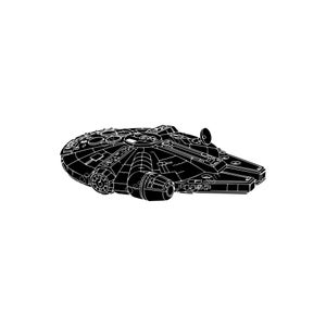 May include: A black and white line drawing of the Millennium Falcon starship. The spacecraft has a distinctive circular main body with various details, including a cockpit, sensor dish, and engine components. The design is detailed and stylized.