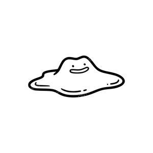May include: A black and white cartoon illustration of a blob-like creature with a smiling face. The creature has a rounded, amorphous shape with a thick black outline, set against a white background. The design is simple and minimalist.