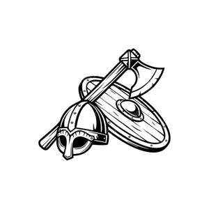 Op de afbeelding: Zwart-wit illustratie van Viking wapens. De afbeelding toont een helm, schild en bijl, allemaal weergegeven in een gedetailleerde cartoonstijl. De bijl is over het schild geplaatst, met de helm op de voorgrond.