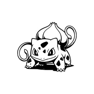 Könnte beinhalten: Schwarz-Weiß-Illustration eines Bulbasaur-Charakters. Das Bild zeigt eine stilisierte Darstellung des Pokémon mit seinen charakteristischen Merkmalen, darunter eine Knolle auf dem Rücken und große Augen. Das Design ist sauber und grafisch.
