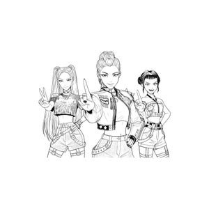 Puede incluir: Ilustración en blanco y negro de tres mujeres con atuendos elegantes. La mujer de la izquierda hace el signo de la paz, mientras que las otras dos levantan un dedo. Llevan tops cortos, chaquetas y pantalones cortos.