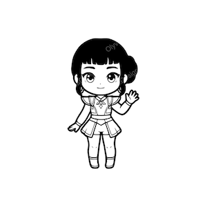 Peut inclure: Illustration de dessin animé en noir et blanc d'une fille en robe, faisant un signe de la main. La fille a un visage rond, des cheveux noirs et porte une robe avec un haut décoratif et une jupe. L'image est un simple dessin au trait.