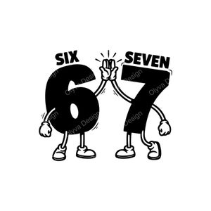 Op de afbeelding: Zwart-wit cartoon illustratie van de cijfers zes en zeven. Het cijfer zes heeft armen, benen en schoenen en geeft een high five aan het cijfer zeven. Het woord "SIX" staat boven het cijfer zes en het woord "SEVEN" staat boven het cijfer zeven.