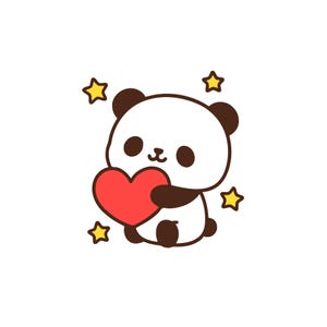 May include: A cute cartoon panda holding a red heart, surrounded by yellow stars. The panda has black ears, eyes, and arms, with a white body. The image has a simple, cheerful design, perfect for stickers or children's products.