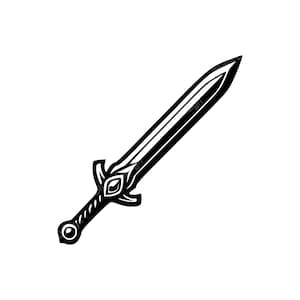 May include: A black and white illustration of a sword. The sword features a pointed blade, a decorative hilt with a floral design, and a round pommel. The design is a simple, graphic style.