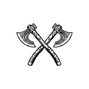 May include: A black and white illustration of two crossed axes. The axes have detailed carvings on the blades and handles, with a Viking theme. The handles are wrapped with a textured design.