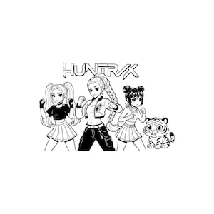 Peut inclure: Illustration en noir et blanc de trois personnages de style anime en tenue de sport, avec un petit tigre. Le texte "HUNTRVX" est au-dessus des personnages. Les personnages sont en position de combat, suggérant un thème d'action ou de combat.