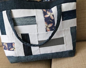 Handmade shoulder bag, upcycled jeans and cotton, recicled denim