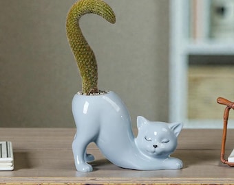 Maceta de cerámica con forma de cola de gato, maceta extensible con forma de gatito, maceta de felino kawaii, maceta de mesa inspirada en mascotas, regalo de inauguración de la casa.
