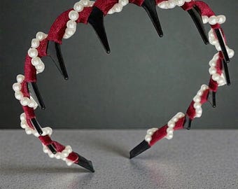 Diadema de terciopelo con perlas, diadema antideslizante con púas, aro de perla retorcida, tocado superior de perla esculpida, regalo de fiesta glamoroso para ella