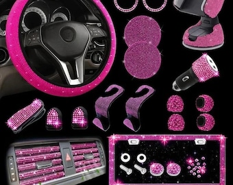 Juego de 27 piezas de decoración interior de coche con cristales brillantes, funda de volante con diamantes, kit de accesorios universales antideslizantes y brillantes.