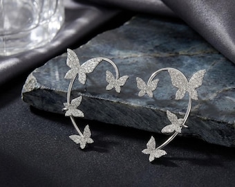 Pendientes trepadores de mariposa de plata, pendientes de mariposa para cosplay, pendientes de ala de hada con circonita, pendientes de insectos sin perforaciones, regalo para ella