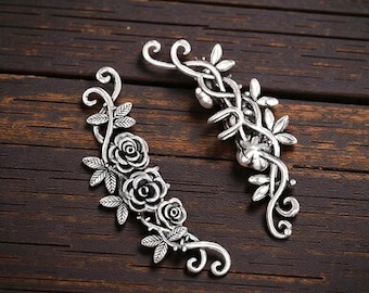 Pendientes trepadores de rosas de plata, pendientes antiguos con diseño floral, pendientes con forma de ramo de rosas, pendientes con forma de rosa oxidada, regalo de Navidad.