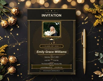 Plantilla editable de invitación de graduación 2026, invitación de lujo en negro y dorado para fiesta de graduación con foto, anuncio de fin de estudios, descarga instantánea.